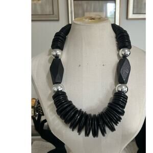 Coconut Shell and Black Wooded Beaded Necklace with Silver Tone Beads